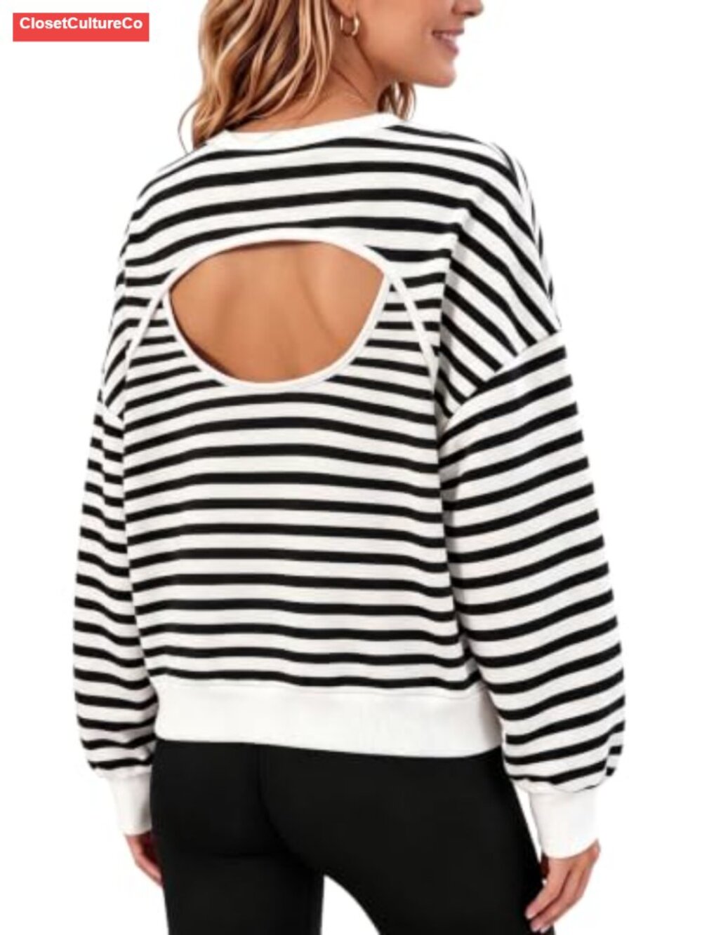 Oversized Striped Open Back Sweatshirt Casual Loose Pullover Top